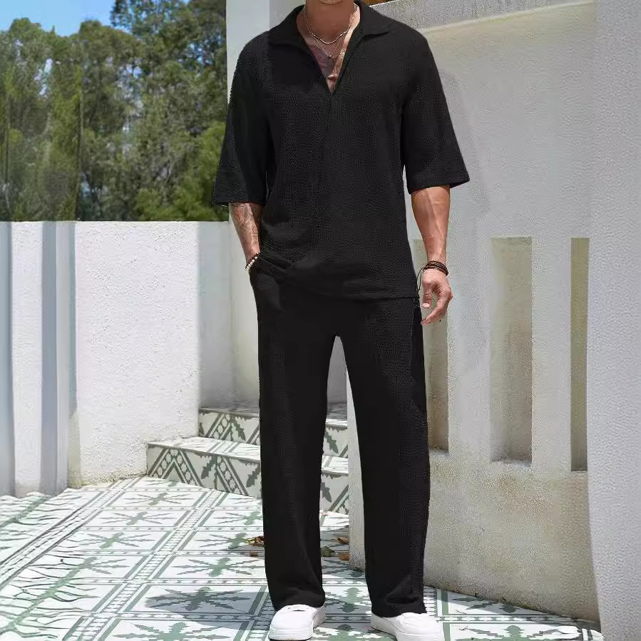 Men's Commuting Suit: Casual Shirt With Short Sleeves And Long Pants For Outdoor Activities_viptrois.com