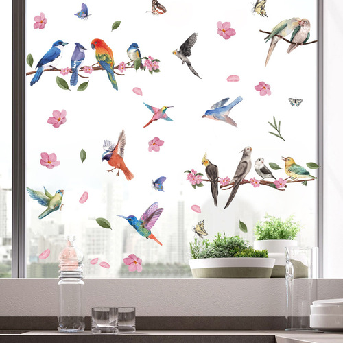 New spring colorful branches, flowers, birds, hummingbirds, butterflies, electrostatic glass stickers, window glass showcases, wall stickers, anti-collision