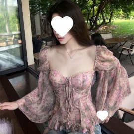 复古纯欲风感碎花长袖飘带衬衫女装夏季收腰显瘦百搭雪纺上衣