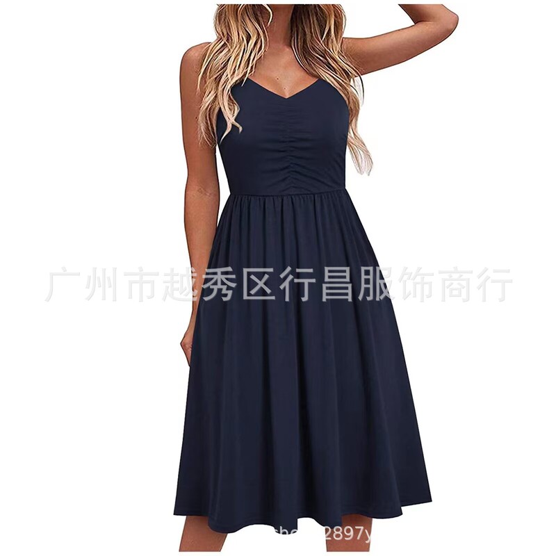2023 Hot Style Women's Fashionable and Sexy Pure Color V Neck Sleeveless Suspender Pleated Dress