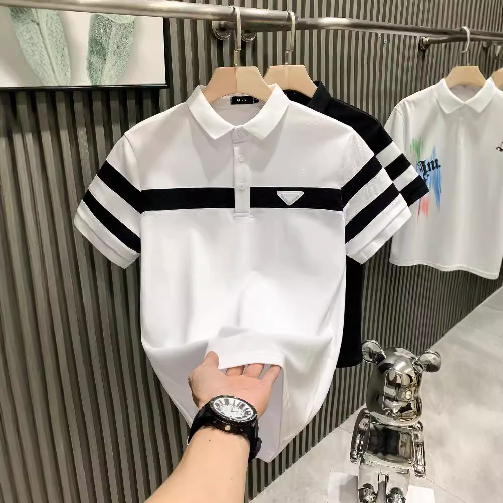 Black and White Striped Collar Light Luxury Men's Short-Sleeve Polo Shirt Trend Brand Badass Versatile Clothing
