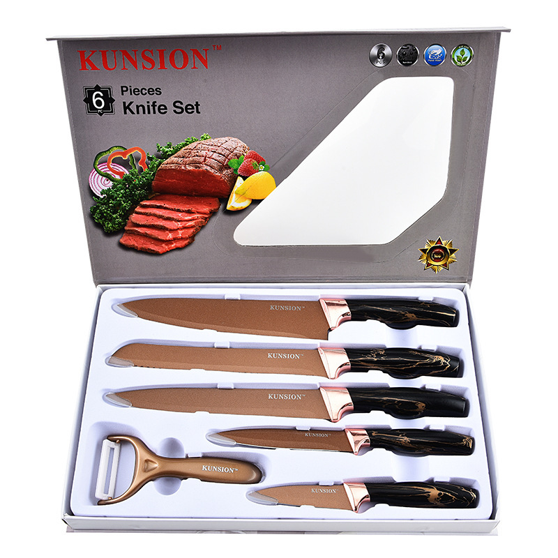 Cuchillo de cocina multifuncional con patrón de diamante, cabeza galvanizada, mango de abdomen grande, conjunto de seis piezas, cuchillo de cocina de caja de regalo personal de negocios doméstico image 10