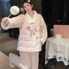 睡衣女冬纯色保暖三层夹棉加绒中国风长裤长袖短款套装家居服