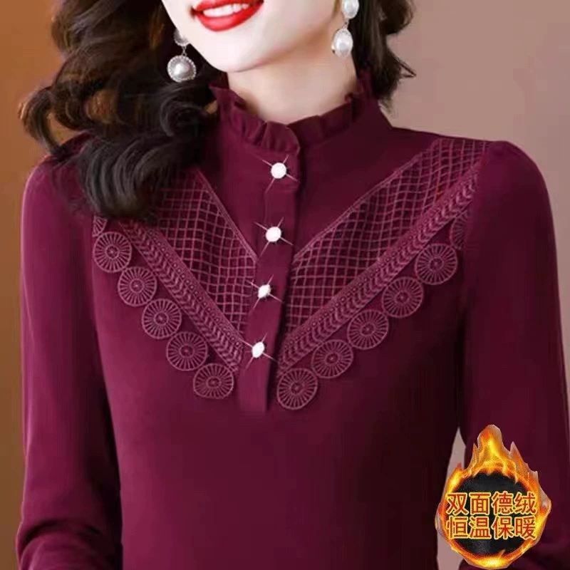 Рубашка с резьбовыми нитями с длинными рукавами для женщин осень-зима новый 2024 иностранный стиль дикий стиль, тонкая рубашка с теплой нижней рубашкой