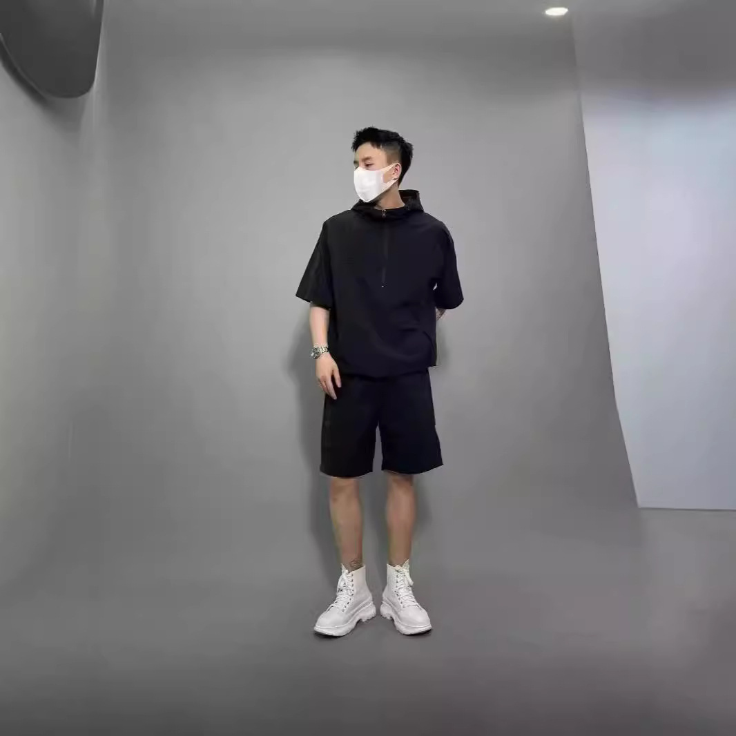 Traje de estilo japonés para hombre de verano, pantalones cortos de manga corta, chaqueta suelta informal, camisa, suéter delgado con capucha