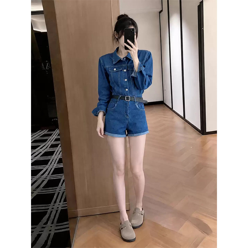 复古工装牛仔连体短裤女秋季新款高腰显瘦设计感小众宽松连衣裤潮