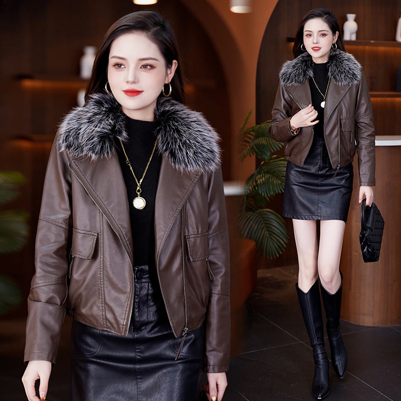 Fleece-Lined Thick Leather Jacket for Women, New Winter Fashion Pu Leather Jacket, Stylish Petite Versatile Biker Jacket Fleece-Lined Thick Leather Jacket for Women, New Winter Fashion Pu Leather Jacket, Stylish Petite Versatile Biker Jacket
