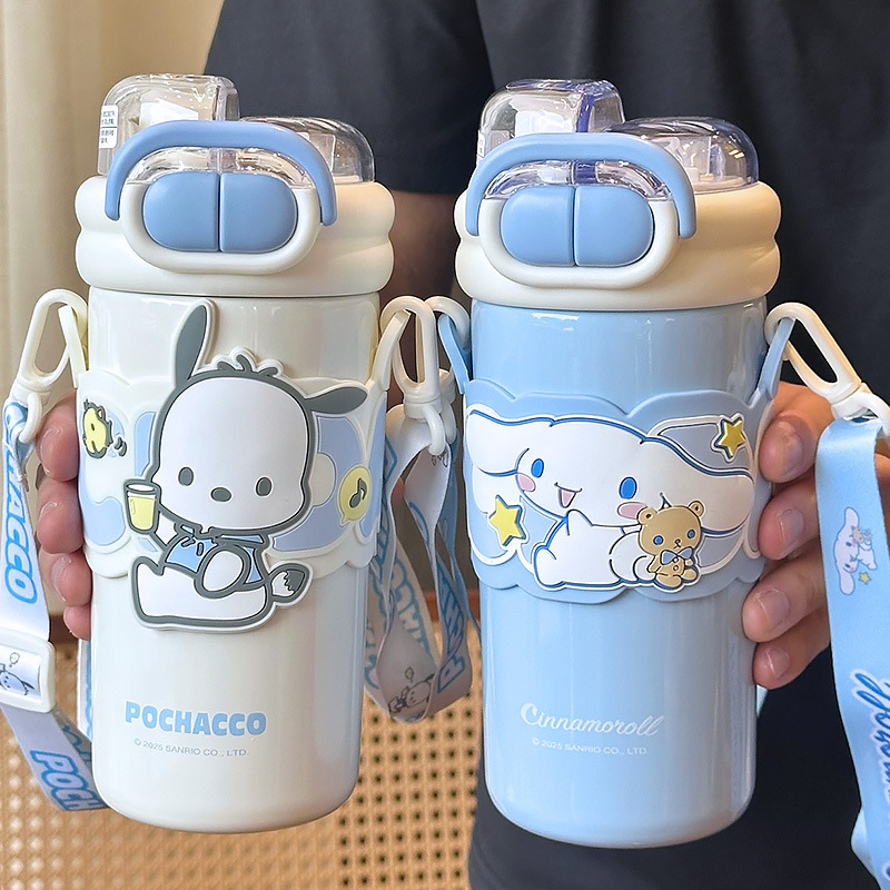 Termo Kuromi 316 de aspecto elegante, taza doble para beber, para estudiantes y niños, taza especial para la escuela, portátil con pajita.