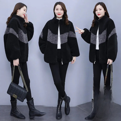 Lambskin coat for women, Korean style, new for autumn and winter, European and American style, cross-border Amazon, trendy, youthful, color-blocked overcoat