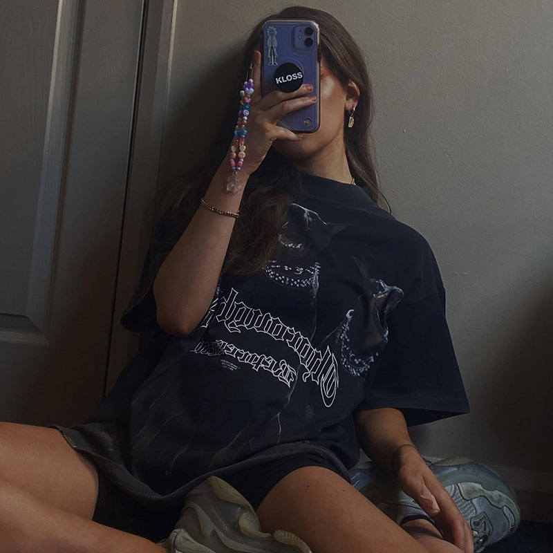 Cross-border REPRESENT negro Doberman impreso apenado High Street hombres Sueltos Mujeres pareja de manga corta Camiseta de la marca de moda