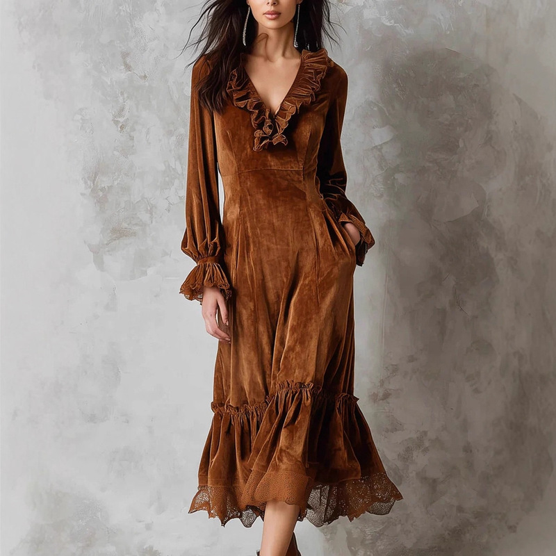 2025 European and American Clothing Amazon Long French Lace Splicing Lantern Sleeve Ruffled V-Neck Velvet Dress