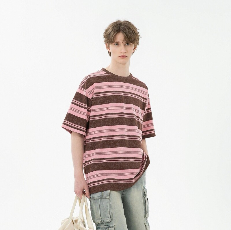 Cross-Border American-Style Striped Tie-Dye Vintage T-Shirt for Men and Women, Popular Autumn and Summer Trendy Brand, Loose Fit, Couple's Versatile Top
