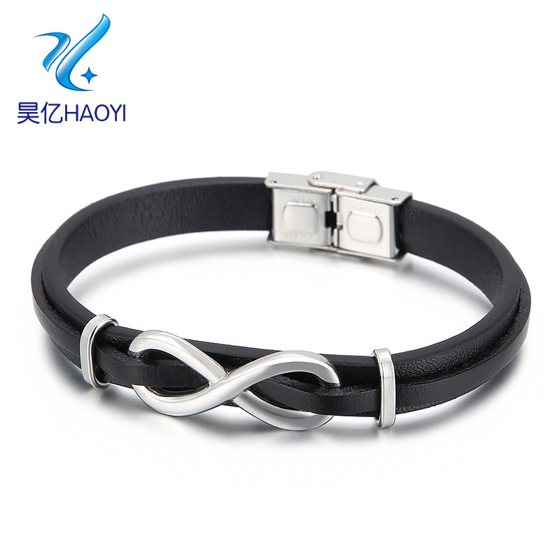 Europe and the United States cross-border wholesale leather bracelet punk woven 8 word bracelet charm leather stainless steel men's bracelet