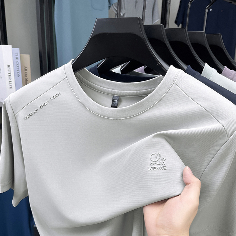 涼しい通気性のある生地ラウンドネック半袖 Tシャツメンズ夏ルーズカジュアルアイスシルク半袖 Tシャツ紳士服|undefined