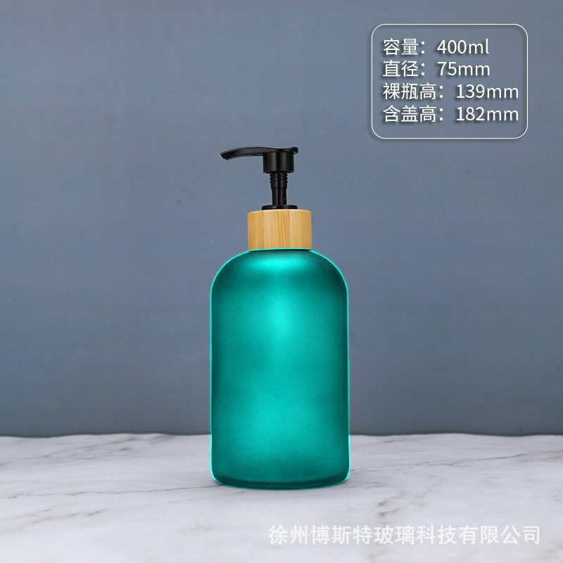 400ml; botella de arena azul + bomba de presión de bambú y madera; vidrio