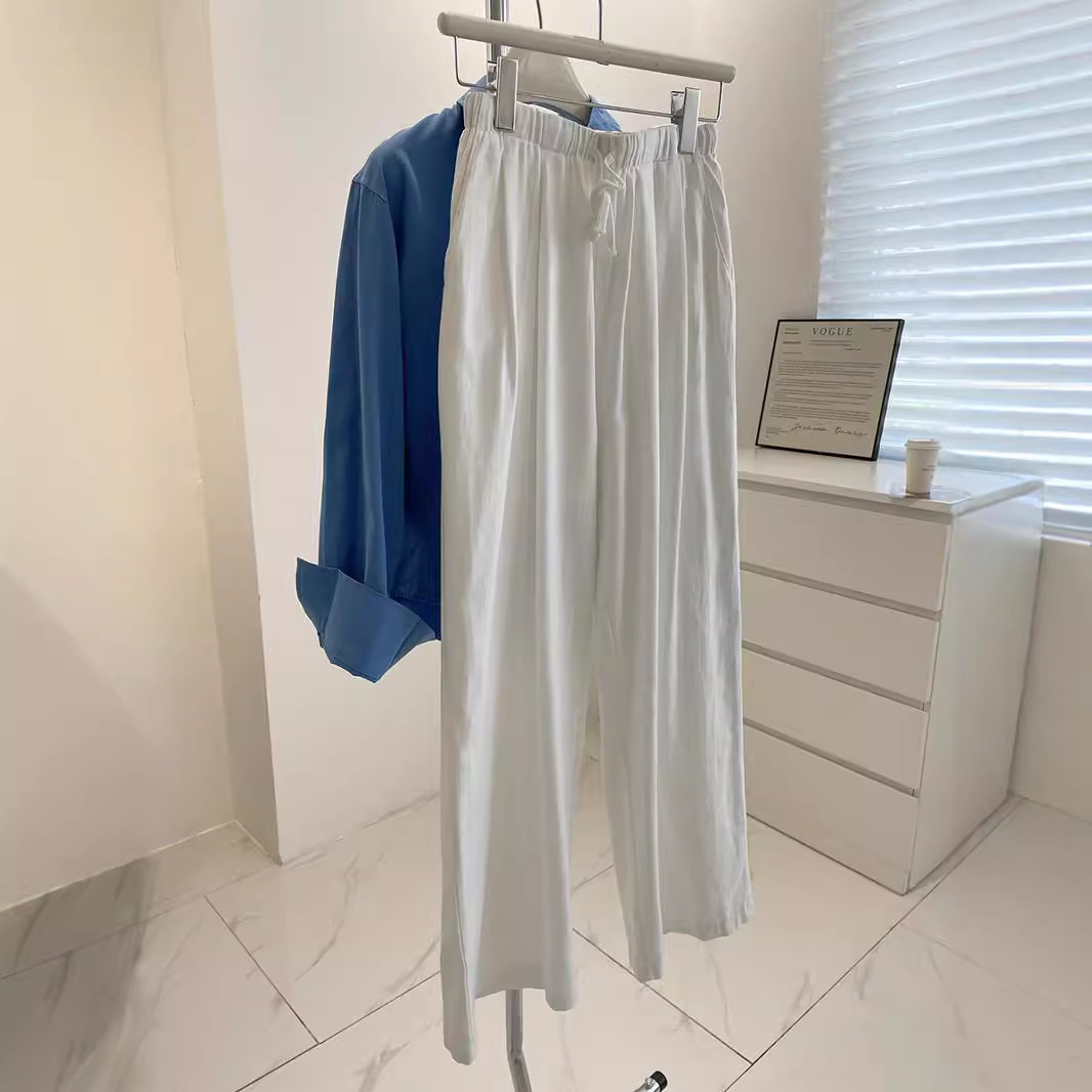 간단하고 세련된 흰색 캐주얼 바지 이른 가을 탄성 허리 기질 슬리밍 린넨 스트레이트 바지 좁은 버전 넓은 다리 바지 여성