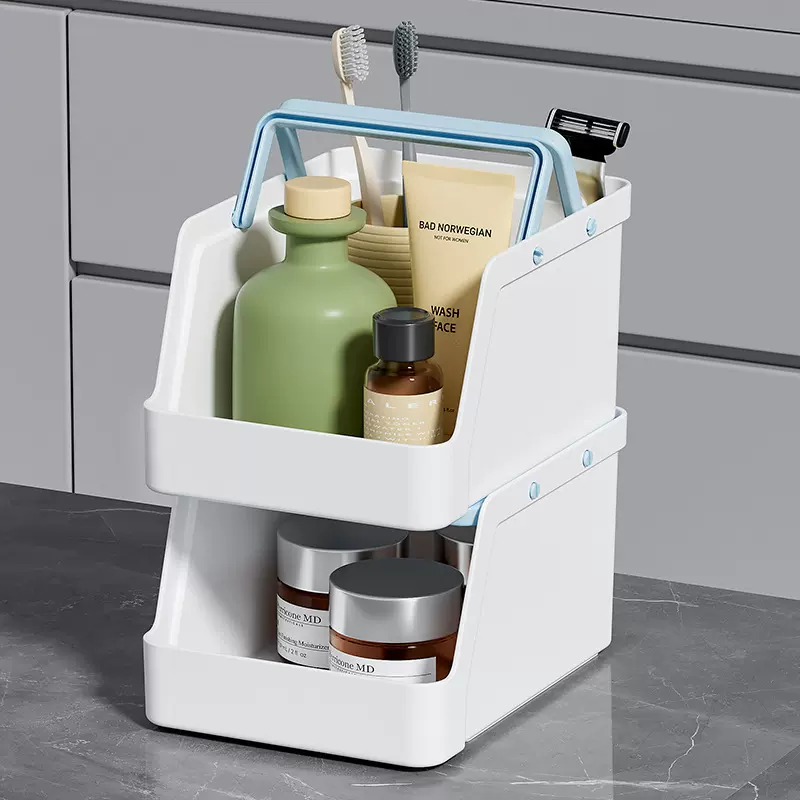 桌面文具化妆品收纳盒可叠加收纳筐办公室带提手杂物置物篮塑料