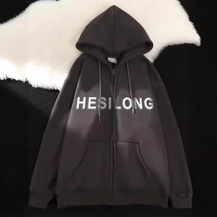 2024 autumn trendy original personalized zipper foam printed sweater loose casual cardigan hooded sweater coat