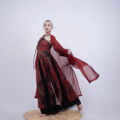 古风爵士舞蹈服古典舞红色纱衣飘逸宽松女演出服开衫复古绑带旗袍