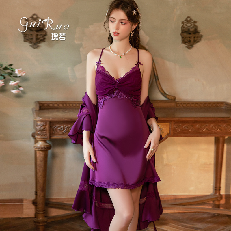 Gorgeous Sexy Backless Ruched Mesh Gathered Satin Camisole Nightgown with Chest Pads and Robe Loungewear Set 3875 Gorgeous Sexy Backless Ruched Mesh Gathered Satin Camisole Nightgown with Chest Pads and Robe Loungewear Set 3875