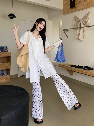 Women's White Bubble Sleeve Blouse Design-Band Collared Shirt Summer Korean Version Medium Long Loose Casual Top
