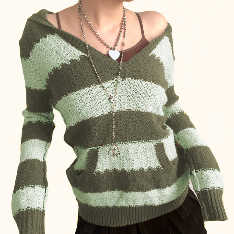 V-Neck Hooded Contrast Striped Long Sleeve Knit Top NSSSN99221