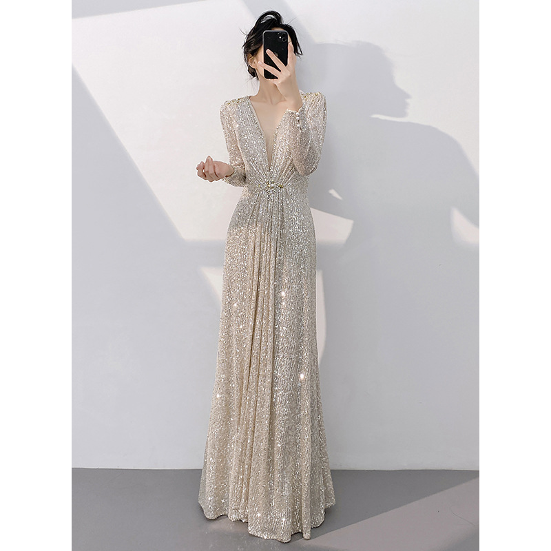 Silver Evening Gown New Style Long Sleeve Slim Fit Luxurious Sequins For Annual Meeting Host Art Exam Women's Party Wear_ecoleips.com