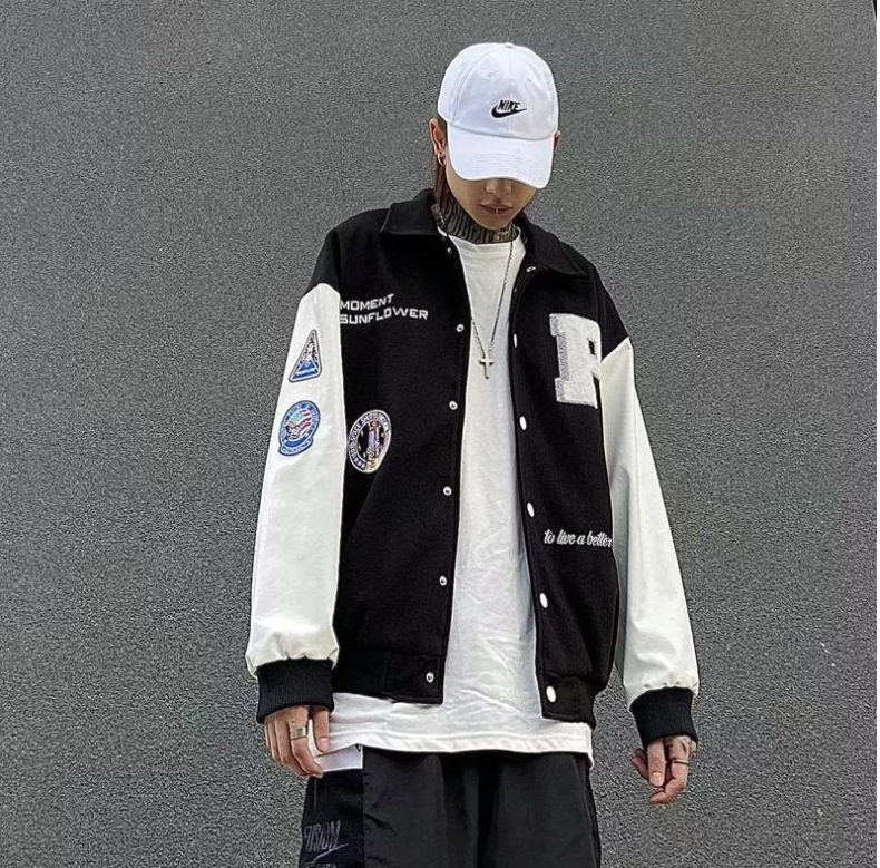 夹克男美式复古学院风宽松上衣春秋港风徽章字母绣标毛呢棒球服