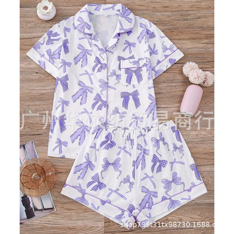 Foreign Trade Bow Print Pajamas Set Cross-Border Summer Ice Silk Cool Home Wear Pajamas Comfortable Vacation Shirt