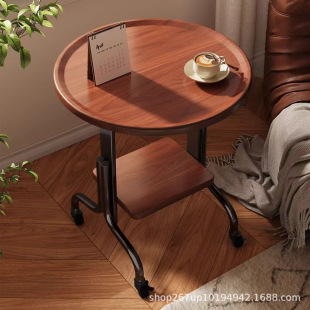 Middle Ancient Style Sofa Side Table Movable Double-Layer Storage with Wheels Household Small Apartment Living Room Coffee Table Simple Small Table