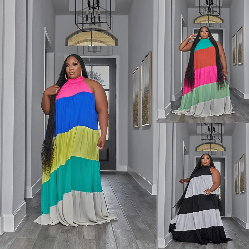 Women's plus-size splicing color contrast long swing dress_voghion.com