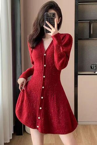 Autumn dress women's pullover mid-long waist knitted skirt autumn and winter knitted base shirt niche long-sleeved thick silk wool dress