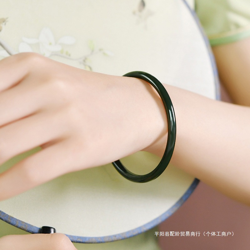 天然和田玉青玉手镯女青海料和田玉玉镯玉石圆条叮当镯玉配阶