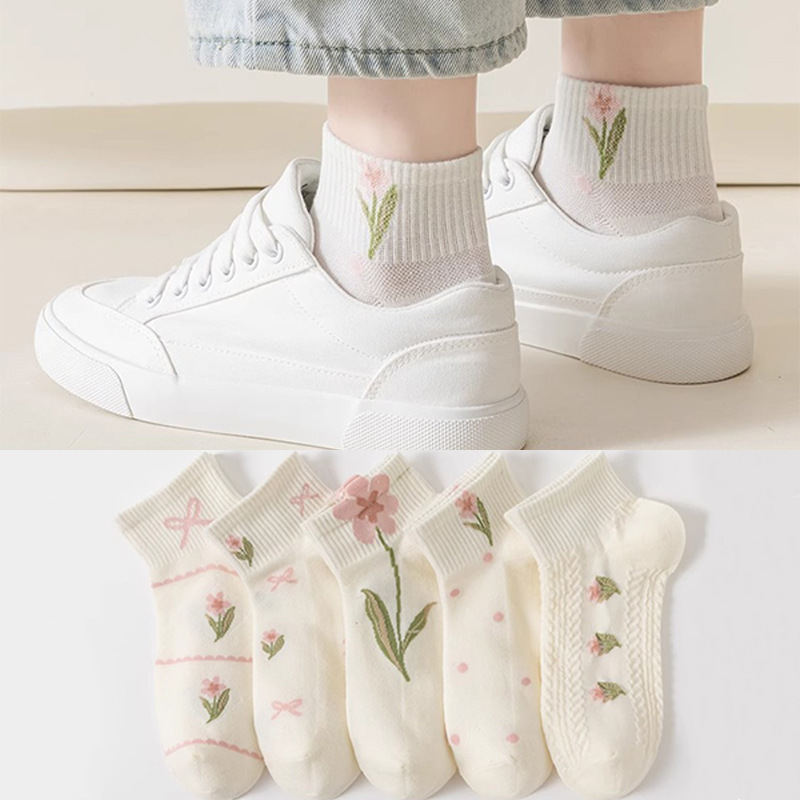 Zhuji Socks Women's Short Socks Spring and Summer Thin Breathable Sweat-Absorbing Japanese Flower Cute Summer Sports Socks for Students