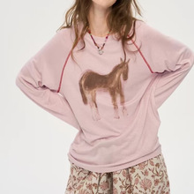 波尔小马 手绘印花装饰线插肩袖上衣 圆领宽松长袖