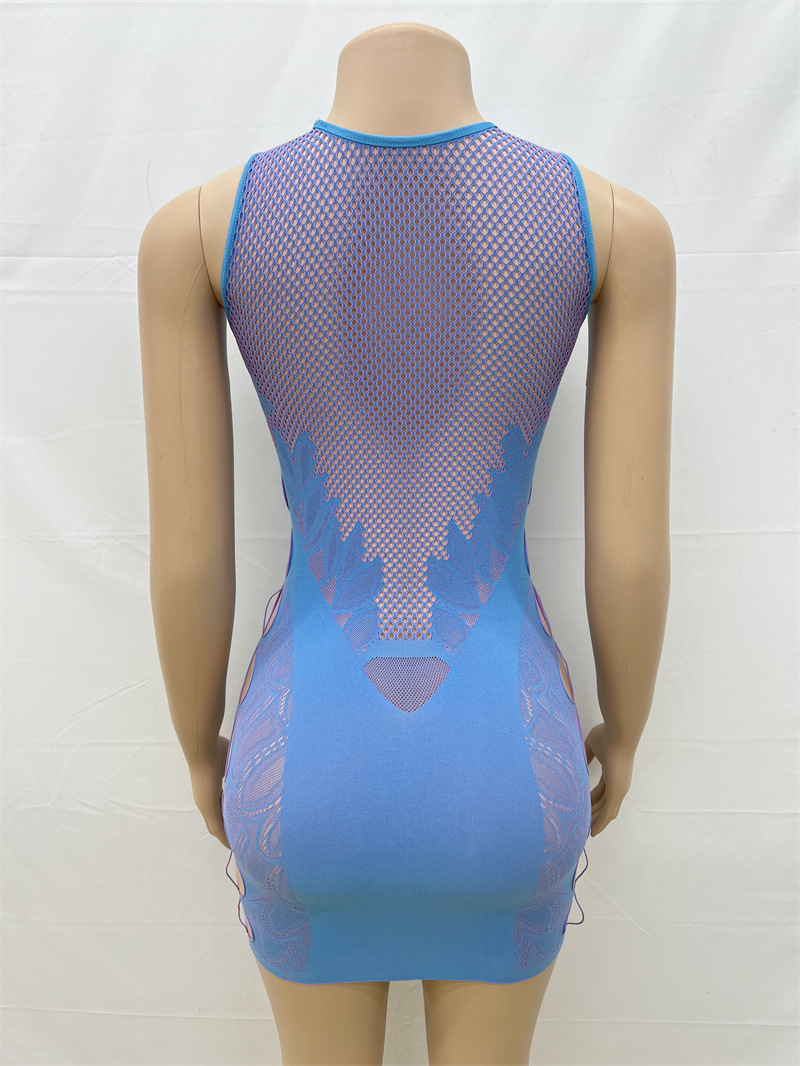 Round Neck Sleeveless Solid Color Slim Fit Sexy See through Package Hip One Knit One Piece Top Dress