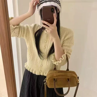 韩版春秋季新款花边麻花圆领毛衣女软糯小众显瘦百搭外穿针织开衫