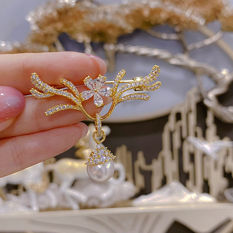 DIY accessories antler brooch opening detachable pendant dual-purpose copper gold-plated zircon pin pearl corsage empty holder