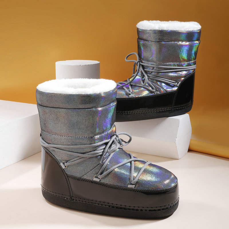 Bonita pierna delgada divertida manga de botas de algodón impermeable, antideslizante, calentamiento, botas espaciales, zapatos de luna