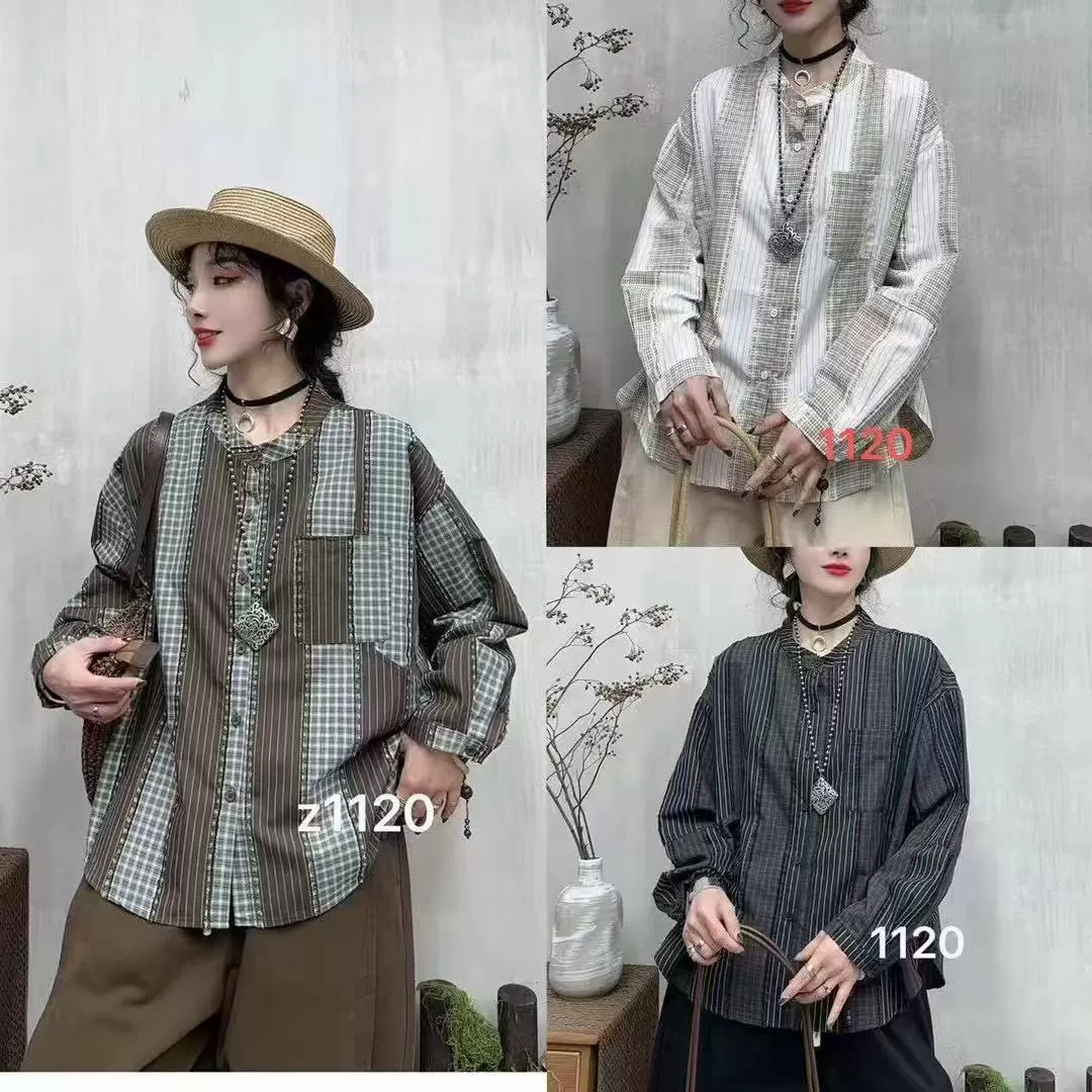 2025 год весна стиль Корейский Loose Literary Retro Contrasting Color Stitching Stand Collar single breasted shirt versatile shirt women Z1120