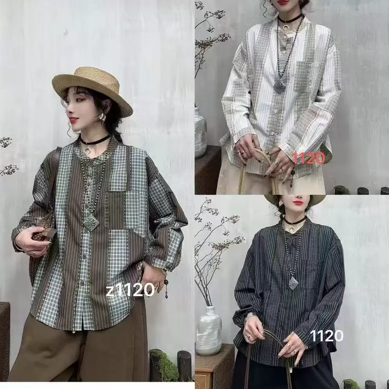 2025 год весна стиль Корейский Loose Literary Retro Contrasting Color Stitching Stand Collar single breasted shirt versatile shirt women Z1120