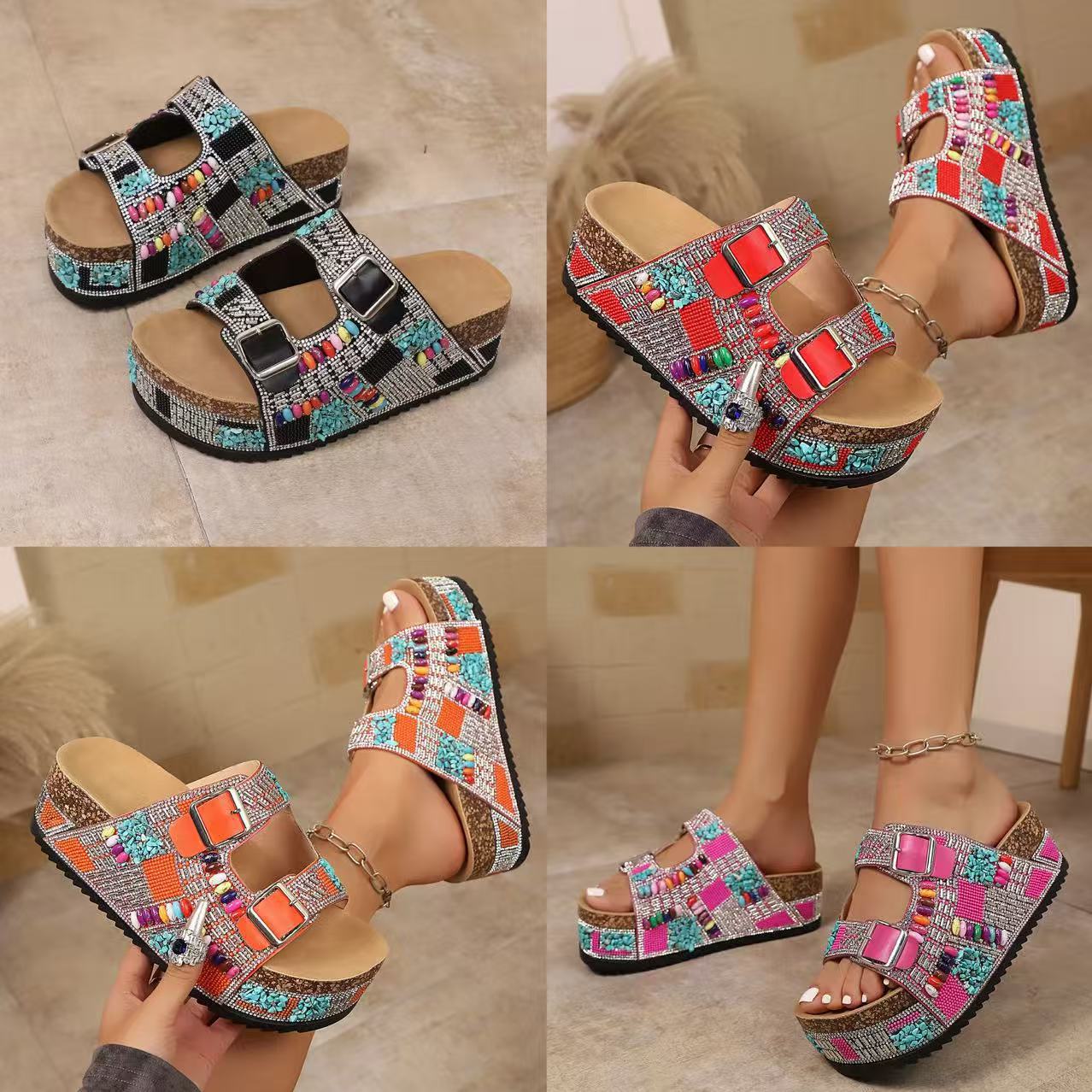 In-Stock Large Size New Thick-Soled Rhinestone Double-Buckle Beach Sandals 2025 Summer Foreign Trade European and American Cork Sandals for Women
