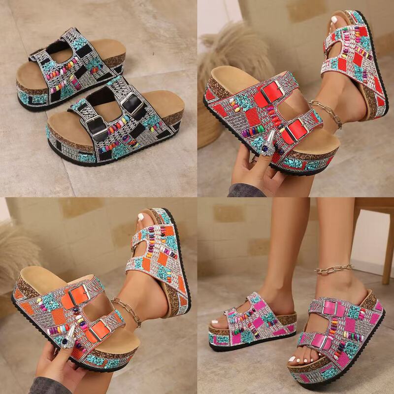 In-Stock Large Size New Thick-Soled Rhinestone Double-Buckle Beach Sandals 2025 Summer Foreign Trade European and American Cork Sandals for Women In-Stock Large Size New Thick-Soled Rhinestone Double-Buckle Beach Sandals 2025 Summer Foreign Trade European and American Cork Sandals for Women
