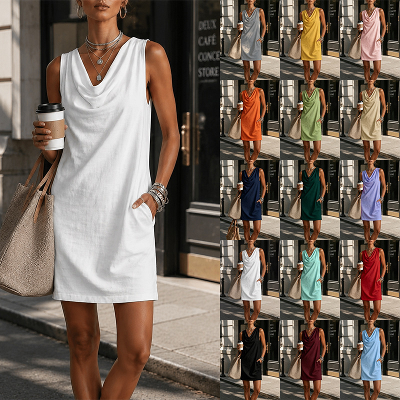 2026 New European and American Cross-Border Amazon Independent Site Slim-Fit Sleeveless Swing-Neck Dress