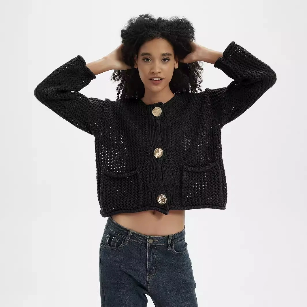 Amazon трансграничный женский повседневный дикий вязаный кардиган осенний свободный ажурный однотонный свитер куртка