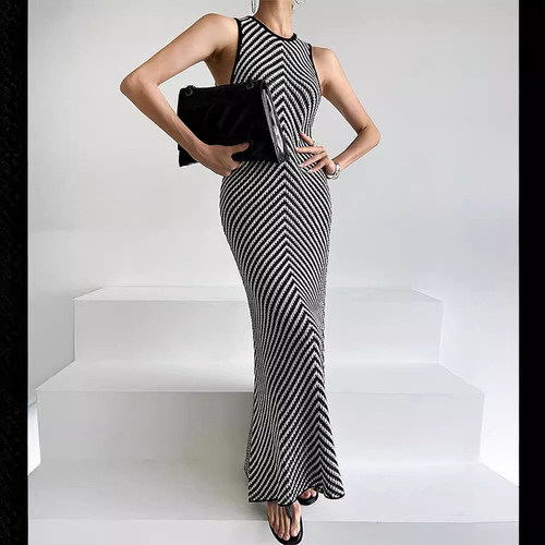 Korean Chic Summer High-End Striped Color Block Collarless Bodycon Knit Dress