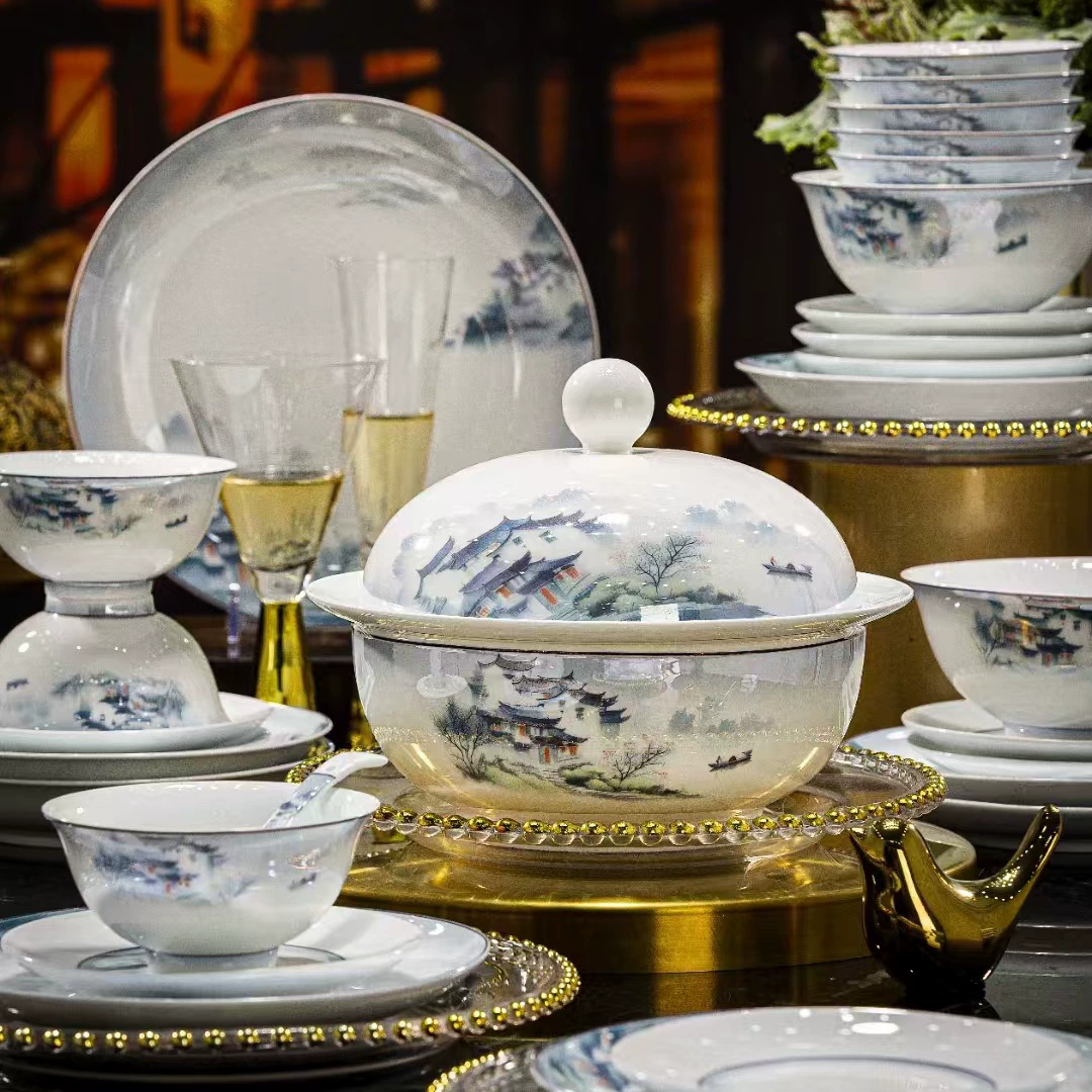 Белая высокая порцелана здоровый набор посуды Jingdezhen краска-рисунок инь-ландшафт Jiangnan водный город миска набор блюд чайник подарок на новоселье
