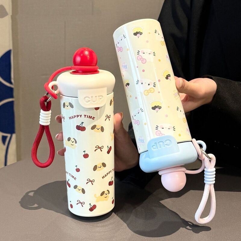 New Model 304 Stainless Steel Floating Ball Thermos Cup with High Aesthetic Value, Strap, and Straw Cup, Dopamine Cartoon Student Cup New Model 304 Stainless Steel Floating Ball Thermos Cup with High Aesthetic Value, Strap, and Straw Cup, Dopamine Cartoon Student Cup