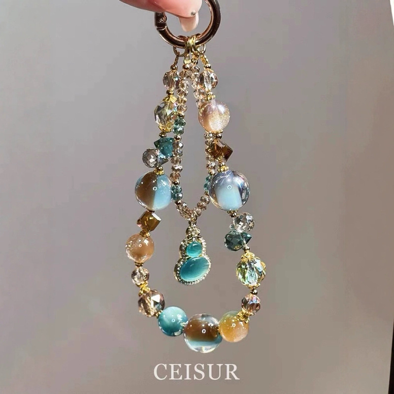 Full of Good Luck~ New Chinese-Style Imitation Jade Ancient Gourd Pendant Phone Chain, Maillard Crystal Beaded Keychain for Dragon Boat Festival Full of Good Luck~ New Chinese-Style Imitation Jade Ancient Gourd Pendant Phone Chain, Maillard Crystal Beaded Keychain for Dragon Boat Festival
