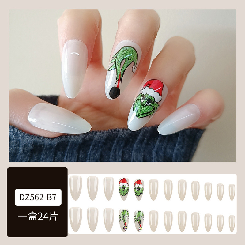 Foreign Trade Christmas Green Furry Monster Manicure White Long Wearable Nails Grinch Christmas Hat Nail Pieces